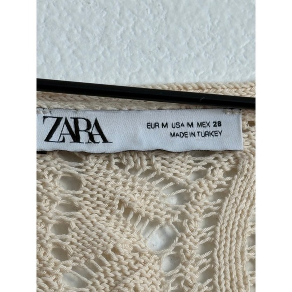 Zara Crochet Open Knit Sweater Cream V-Neck Bell Sleeve Boho Pullover Top M - Picture 6 of 8